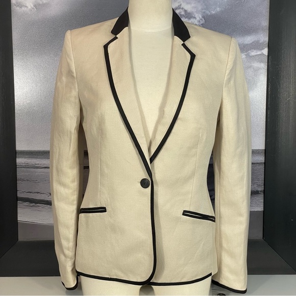 EUC Mango MNG Tan W/ Black Trim Linen Blend One Button Blazer Jacket Sz 6 - Picture 1 of 10